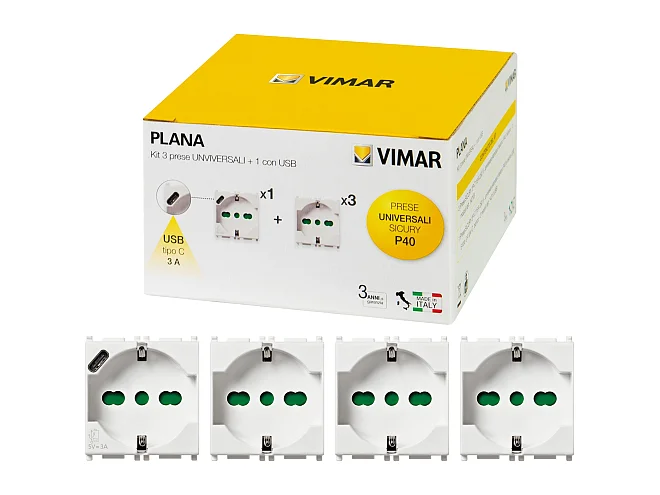 VIMAR Vimar 0K14210 Kit 3 prese P40 + 1 P40 con USB C Plana
